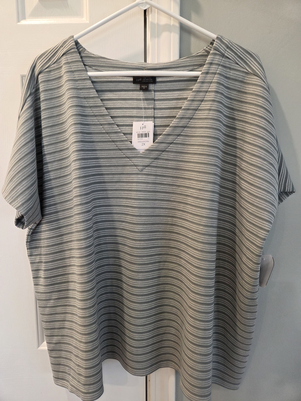 J. Jill Wearever Sage and Light Gray Button-Back Striped V-Neck Short Sleeve Tee